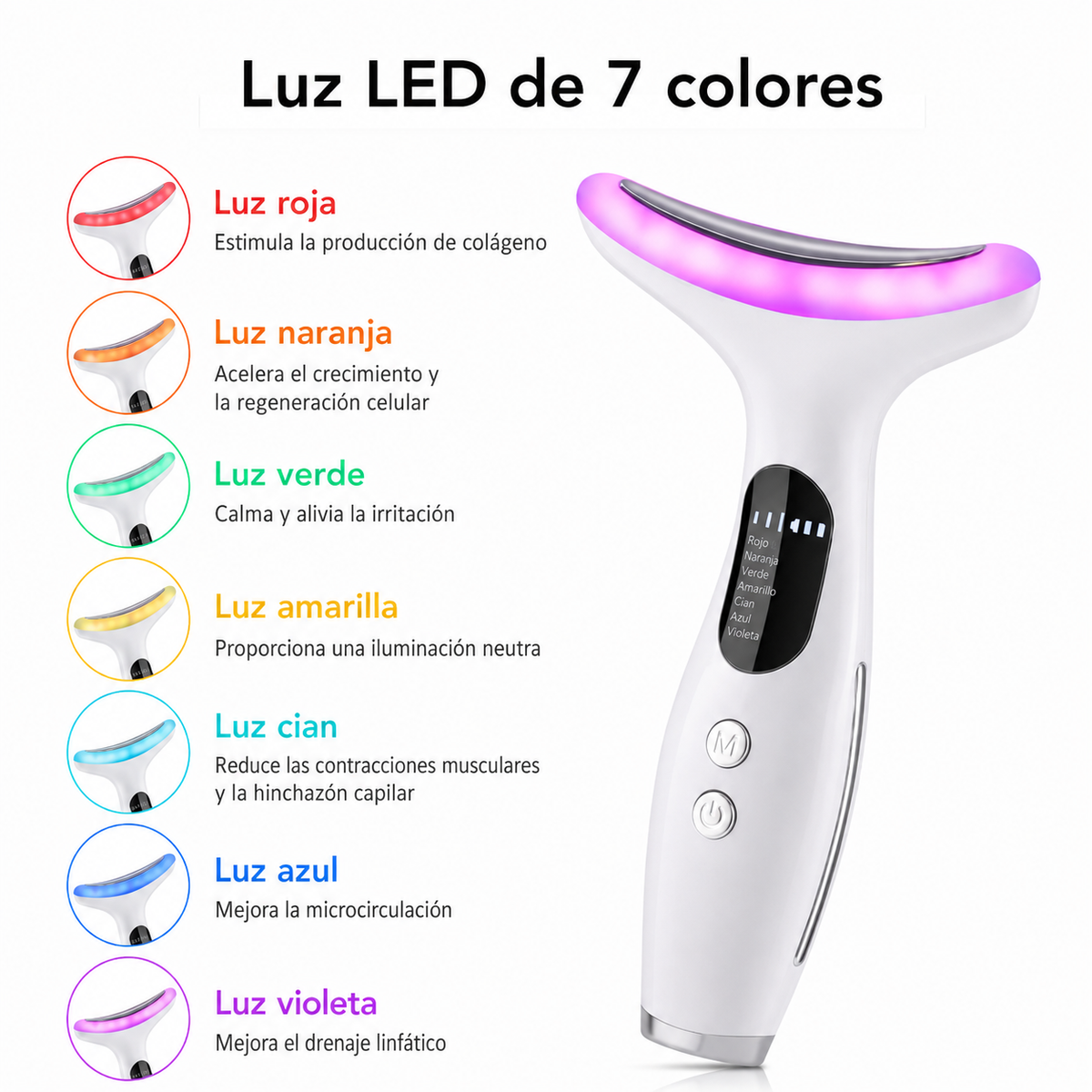 Dispositivo de belleza facial LED 7 en 1 · Lifting, calor y microcorriente